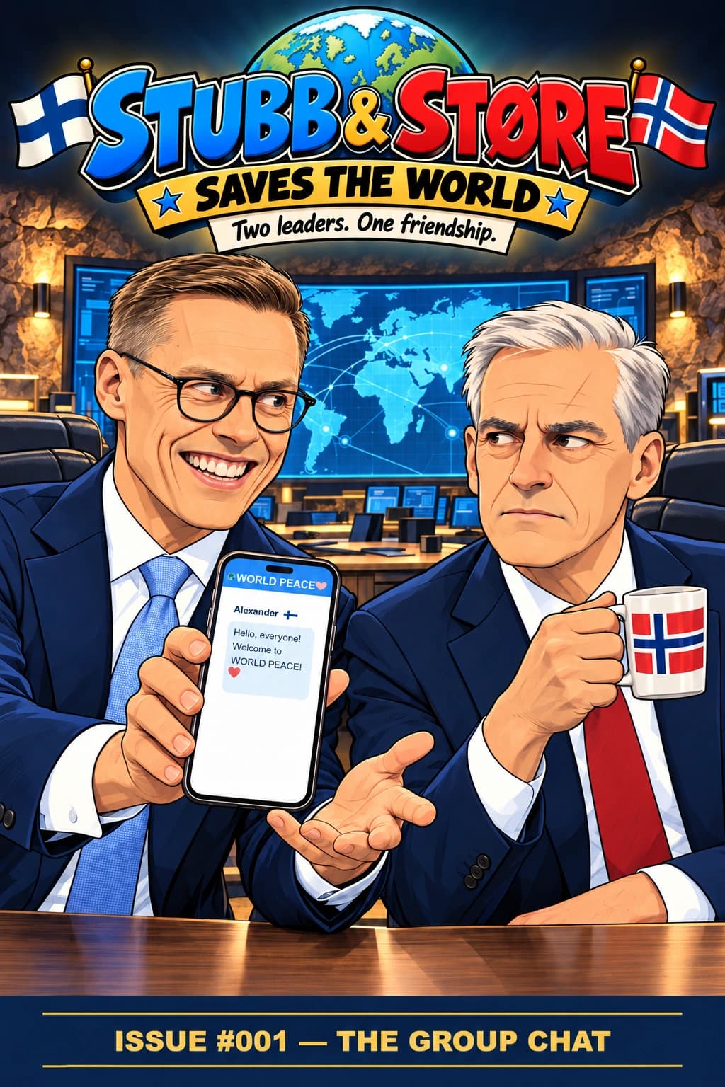 Stubb and Støre in their headquarters with a world peace group chat